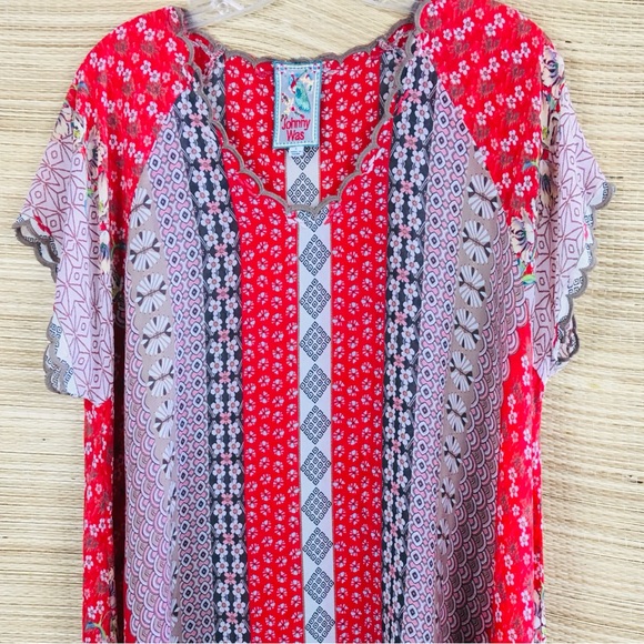 Johnny Was Embroidered Floral Print Boho Tunic Top – 100% Rayon Red & Gray Sz L - Picture 6 of 13